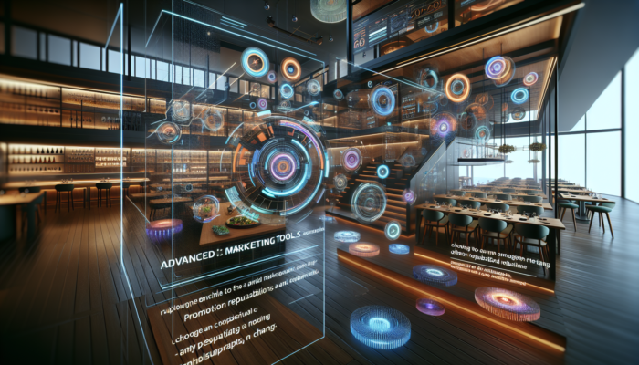 Futuristic restaurant employing advanced digital marketing tools for improved customer engagement and online reputation management.