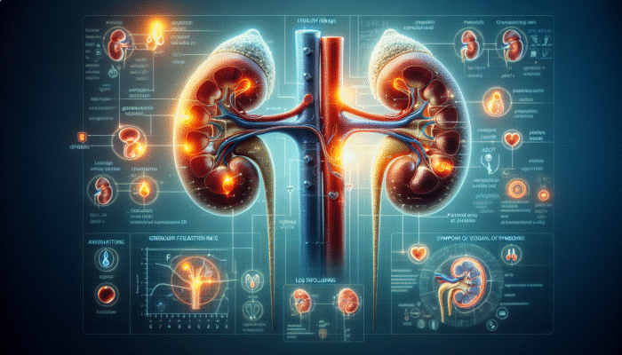 Illustration of kidneys showcasing health indicators such as GFR, creatinine, urine protein, and symptoms including fatigue, leg swelling, and altered urination patterns.