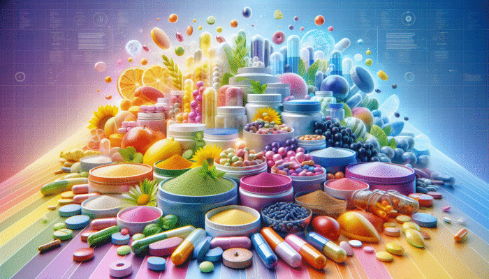 An assortment of dietary supplements in various forms on a vibrant backdrop.