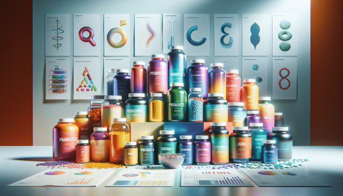 A variety of specialty supplement bottles featuring probiotics, omega-3, and protein powders.