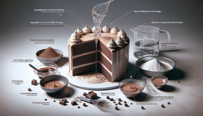 Vegan chocolate cake with aquafaba, gently mixed to prevent overmixing, achieving an airy texture and harmonious flavours.