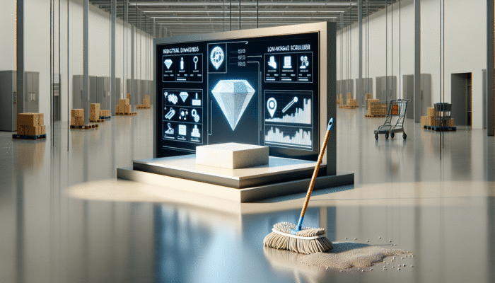 Industrial diamond tools and low-moisture scrubbers carefully treating stone, creating a lasting shine, in contrast to a typical supermarket mop.