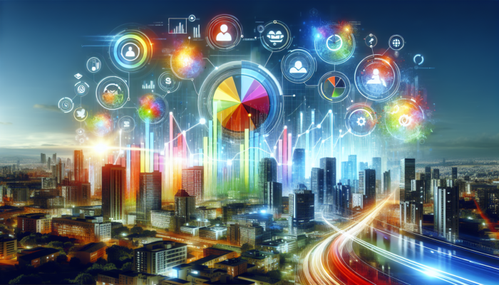 A vibrant Bing business profile showcasing graphs indicating increased traffic and trust, set against a lively city backdrop.