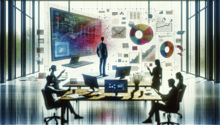 A modern office with an entrepreneur analysing Google Business Dashboard data on a large screen, surrounded by notes and a coffee cup.