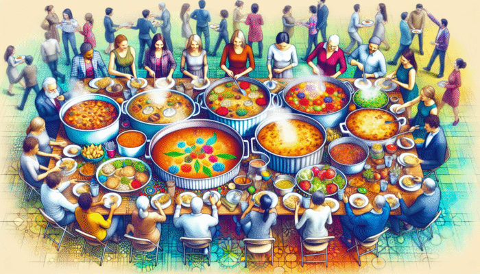 Colorful casseroles in disposable dishes on a potluck table, steaming, surrounded by eager guests.