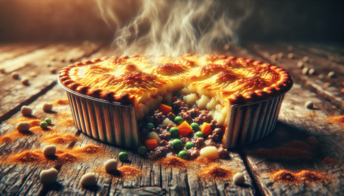 A steaming shepherd's pie with a golden crust, served on a rustic wooden table.