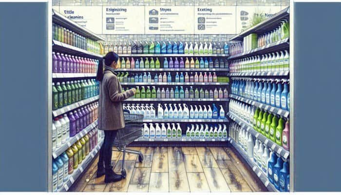 Person selecting eco-friendly, pH-neutral tile cleaners in a well-organized Stirling store.