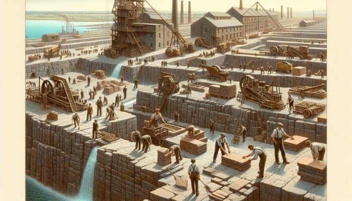 Industrial-era quarry in South Lanarkshire featuring workers processing diverse flagstone slabs, symbolising increased accessibility and popularity.