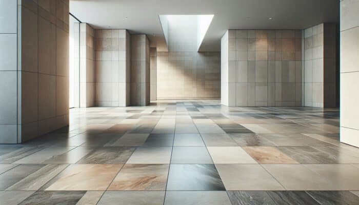 Limestone flagstones in soft greys and warm taupes, uniform and smooth, enhancing modern interiors.