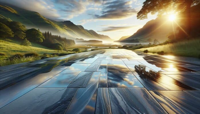 Waterproofing Stone Floors: A picturesque Inverclyde landscape featuring a luxurious, waterproofed stone floor that reflects its vibrant surroundings, illustrating durability and protection.