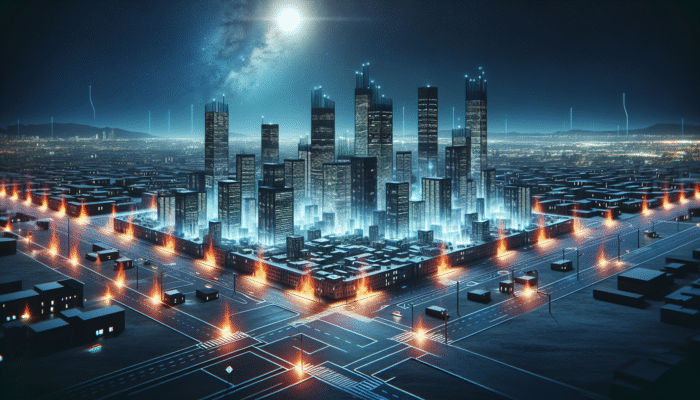 Urban Heat Sources: Nighttime cityscape showing heat from asphalt and concrete, illustrating the urban heat island effect.