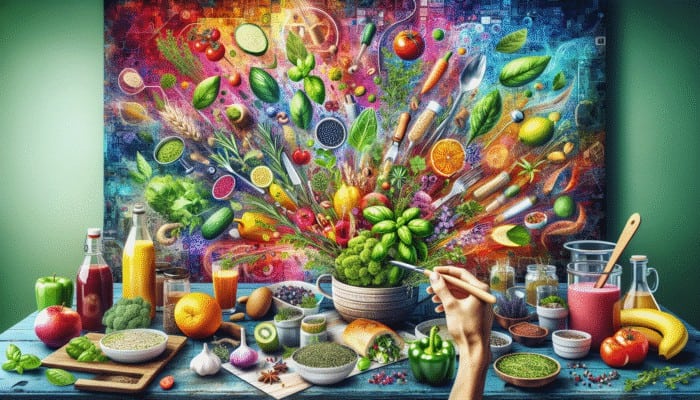 A colourful kitchen scene with herbs like basil, rosemary, and thyme enhancing meals, smoothies, and teas.