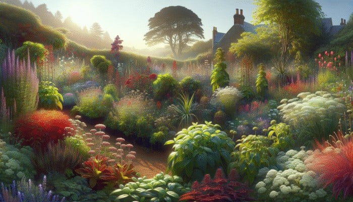 A vibrant UK herb garden illustrating the effects of varying sunlight levels on herb health.