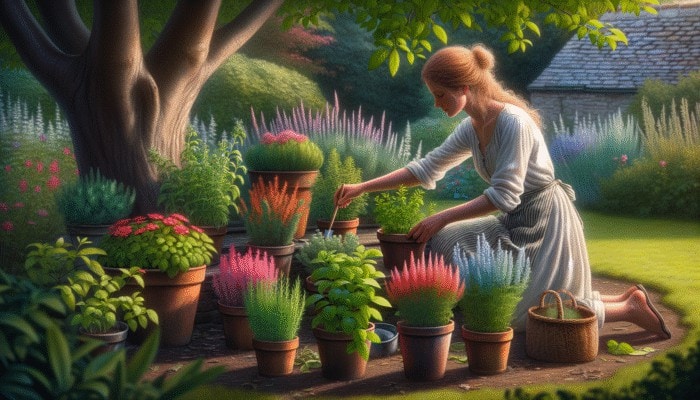 A gardener adjusting herb placements seasonally in the UK for optimal growth and health.