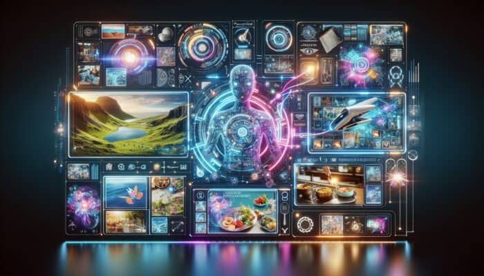 Utilising AI Chatbots for Interactive Video Experiences: A futuristic interface showcasing personalised videos with an AI chatbot enhancing viewer engagement through travel and cooking shows.