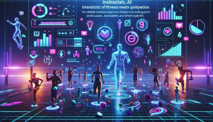 A cutting-edge fitness video interface featuring points, badges, leaderboard, animated avatars, and AI chatbots within a vibrant digital environment.
