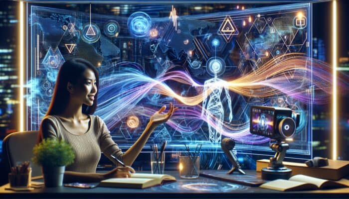 An AI chatbot displayed on screen generating scripts for a travel vlogger in a futuristic studio complete with maps and equipment.