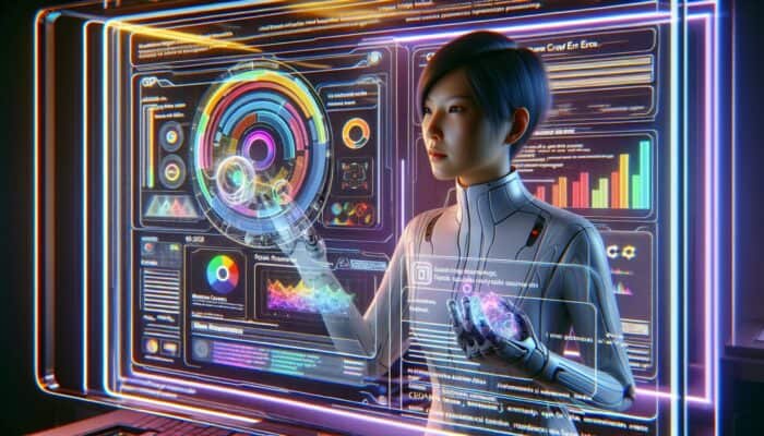 A webmaster monitors Google Search Console data on an advanced holographic display in a high-tech environment.