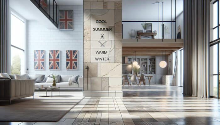 Luxurious UK home interior featuring durable travertine tiles that offer thermal comfort and timeless elegance.