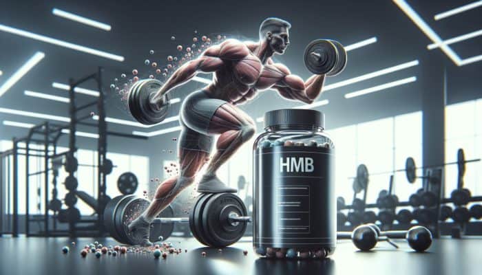 Comparison of Top HMB Supplements: A muscular bodybuilder lifting weights in a gym, with HMB supplement nearby, showcasing increased lean muscle and minimal fat.