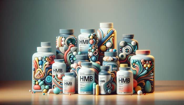 Bottles of various HMB supplements on a table, labelled with types like calcium HMB and free acid HMB.