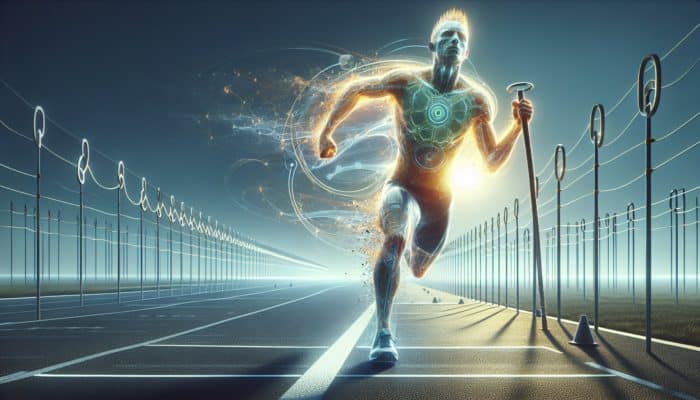 Marathon runner or cyclist crossing the finish line with enhanced stamina from HMB Monohydrate.