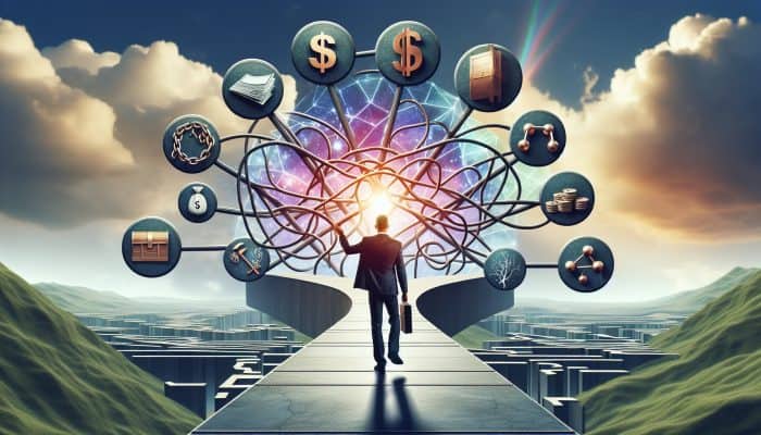 Key Terminology in Debt Consolidation: A Beginner's Guide | DCL A person confidently navigating a clear path through a complex financial landscape with labeled signposts under a bright sky.