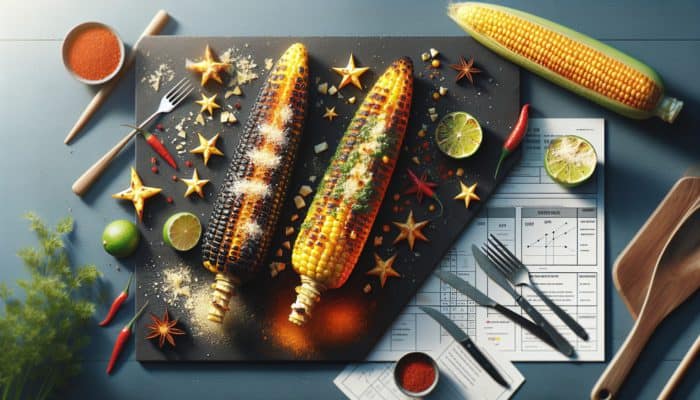 Grilled corn dressed with truffle oil and parmesan, and chili lime with cotija cheese at a summer BBQ.