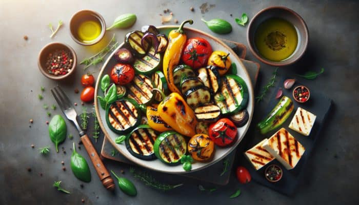 Colourful grilled vegetable platter featuring zucchini, bell peppers, eggplant, halloumi, and tofu, drizzled with herb-infused oil and vinegar.