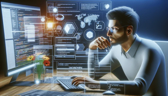 A web developer selecting tools for lazy loading to optimise website performance within a contemporary workspace.
