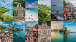 A collage of 12 photos presenting beaches, ancient stone ruins, lush landscapes, ocean views, lively festivals with market stalls, boats on water, and people on sandy shores under a mix of blue and cloudy skies—ideal for a Belize travel guide.