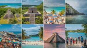A collage of eight images showcasing ancient Mayan ruins, crowded beaches, clear turquoise waters, a vibrant marketplace with colourful umbrellas, tourists, and tropical landscapes under sunny and partly cloudy skies in Belize.