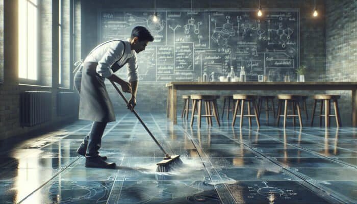 Person cleaning slate floors with a gentle solution, sweeping debris, and rinsing in preparation for polishing.