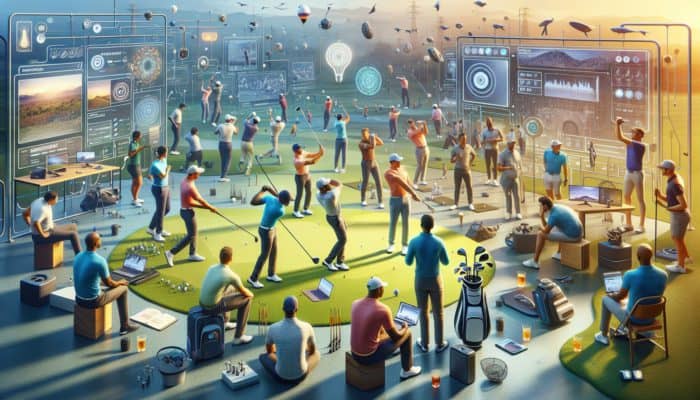 South African golfers engaged in a community forum, using laptops and smartphones for swing analysis with local expert support.