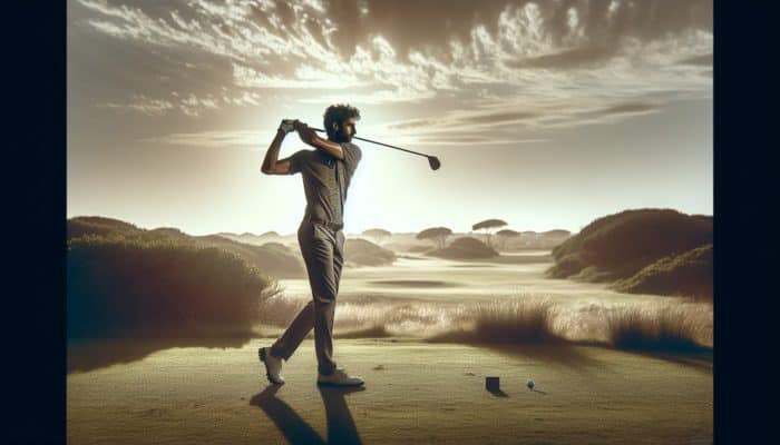 Golfer performing a swing on a South African course during mid-morning with optimal lighting and a plain background.