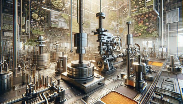 Innovative Techniques for Herbal Oil Extraction: A cutting-edge lab equipped with hydraulic and mechanical screw presses extracting herbal oils from various plant materials.