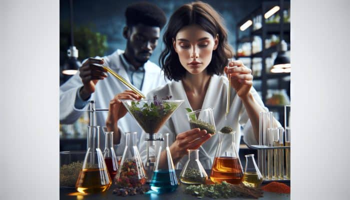 A scientist carefully pouring herbal oil into a separation funnel in a laboratory, surrounded by beakers, test tubes, herbs, and solvents.