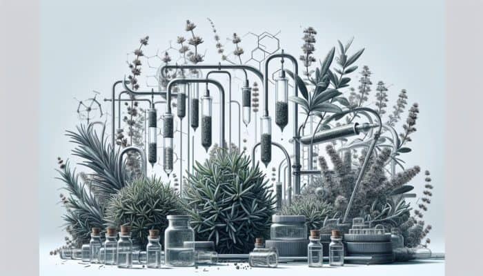 Illustration showcasing rosemary and thyme undergoing solvent extraction, with their aromatic oils captured in vials.