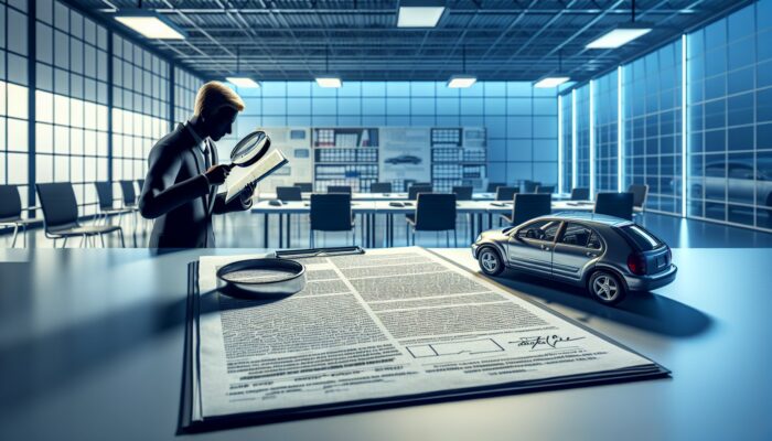 Individual in an office using a magnifying glass to meticulously review a rental contract, focusing on vehicle condition, fuel policy, and fees.