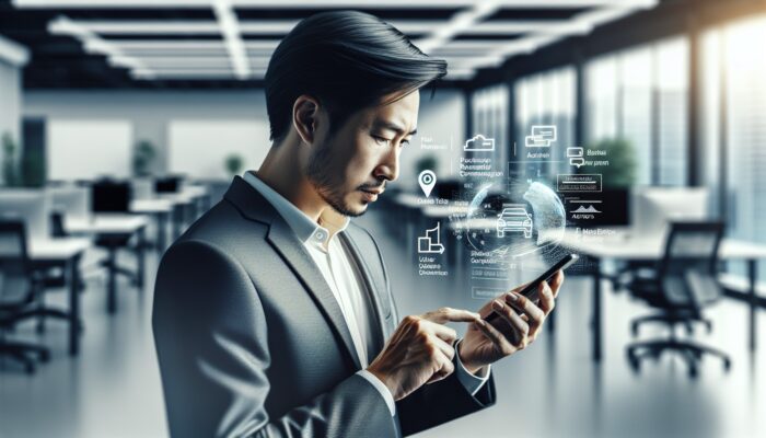 Individual emailing a rental company regarding a car issue using a smartphone in a modern office environment.