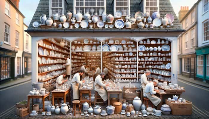 A quaint East Calder porcelain repair shop with artisans diligently restoring ceramics, offering bespoke consultations.