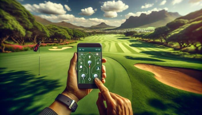 Golfer utilising Golfshot app on smartphone for measuring distance on a South African golf course.