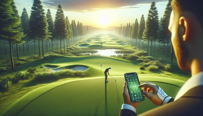 Golfer using smartphone app on a serene sunset golf course to analyse swing data.
