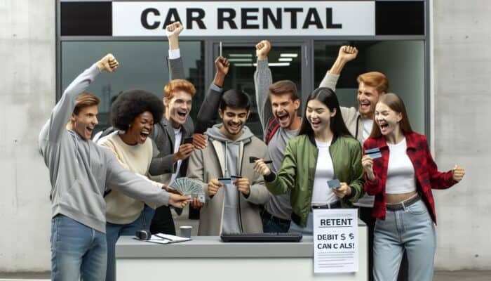 Diverse students celebrating at car rental office, using debit cards and cash for vehicle rentals, symbolising inclusivity.