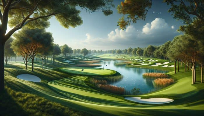 Scenic golf course at Reading Golf Club showcasing signature holes, a challenging par 3 over water, and lush greens amidst autumn foliage.