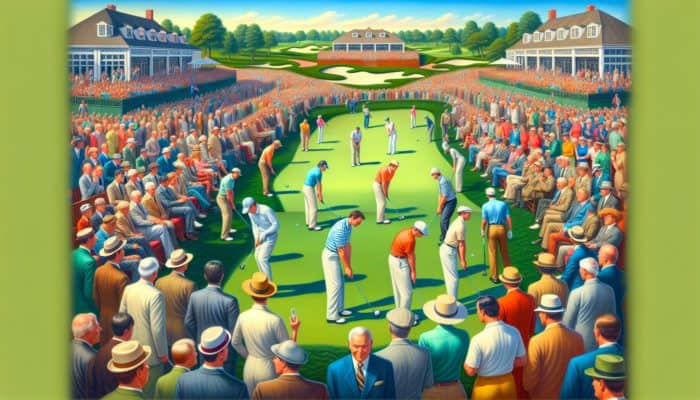 Skilled golfers competing at Reading Golf Club during a major tournament, surrounded by spectators and a festive atmosphere.