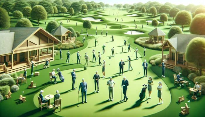 Serene golf course at Reading Golf Club featuring lush fairways, clubhouse, and golfers in smart attire.