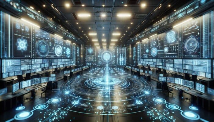 A futuristic control room with screens showing optimised AI data analysis for decision-making and competitive edge.