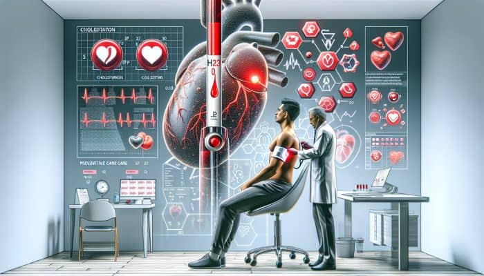 Individual undergoing cholesterol test at clinic, results indicate high levels, surrounded by heart health information.