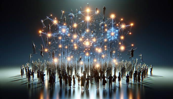 A vibrant network of connections symbolising high-quality, authoritative branded content attracting backlinks, eagerly shared by industry leaders.